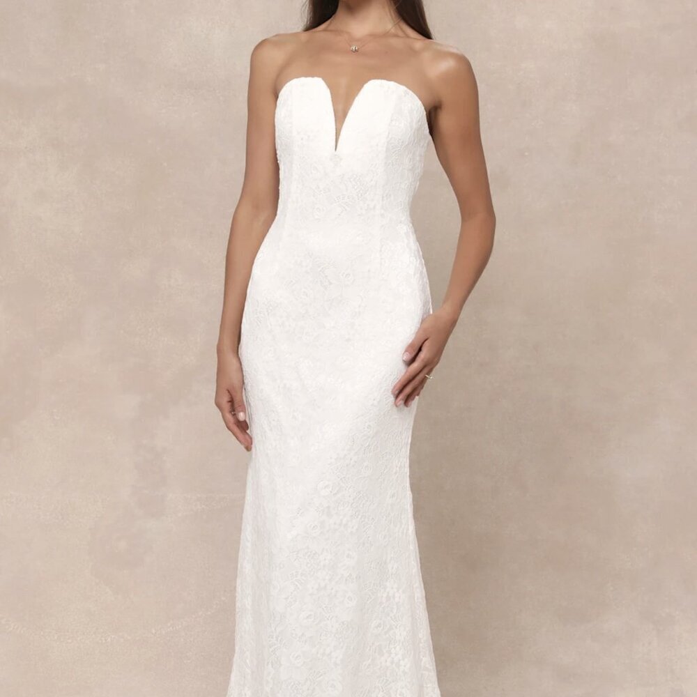 Lulu's White Strapless Lace Maxi Dress